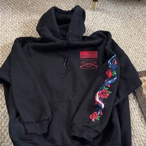 Grunt Style Graphic Hoodie Sweater with Red Rose Sleeve